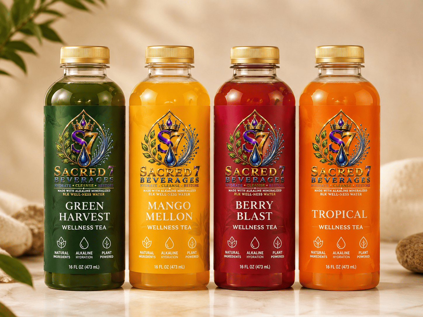 Four Sacred 7 Wellness Tea flavors in branded bottles: Green Harvest, Mango Mellon, Berry Blast, and Tropical