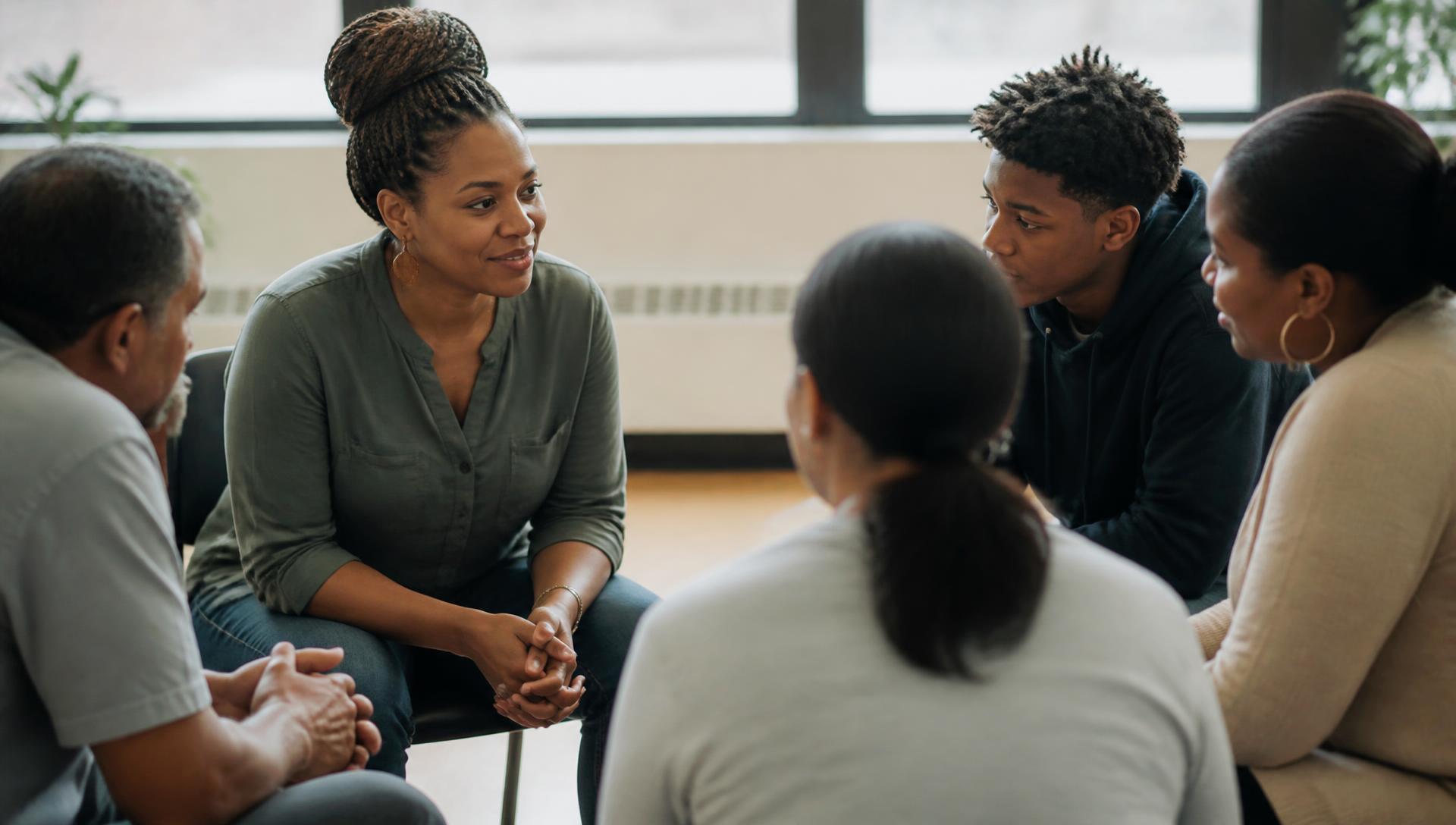 A Sacred 7 facilitator in conversation with a circle of parents and young adults