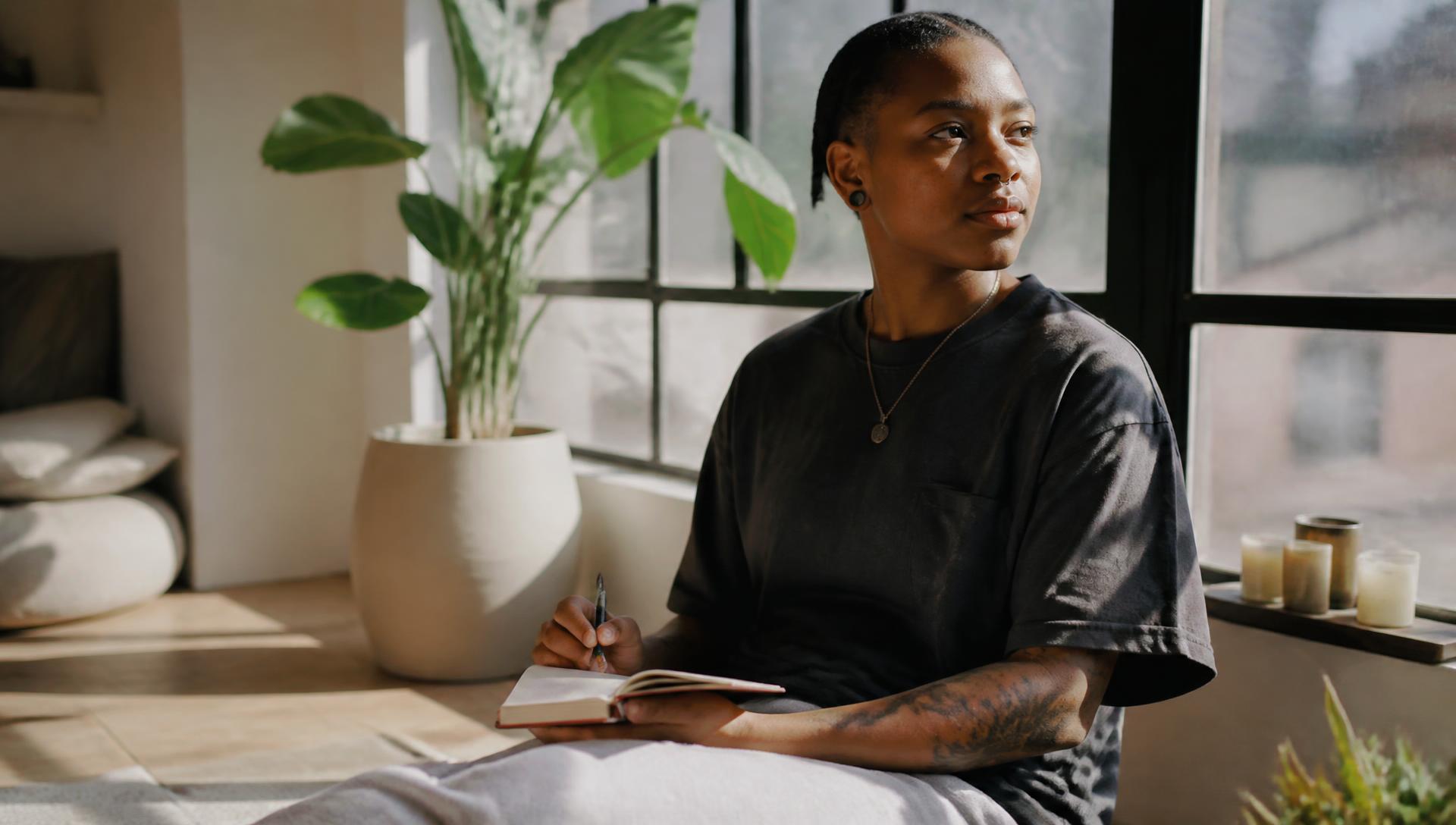 A young Black adult standing thoughtfully by a sunlit window in a calm wellness space