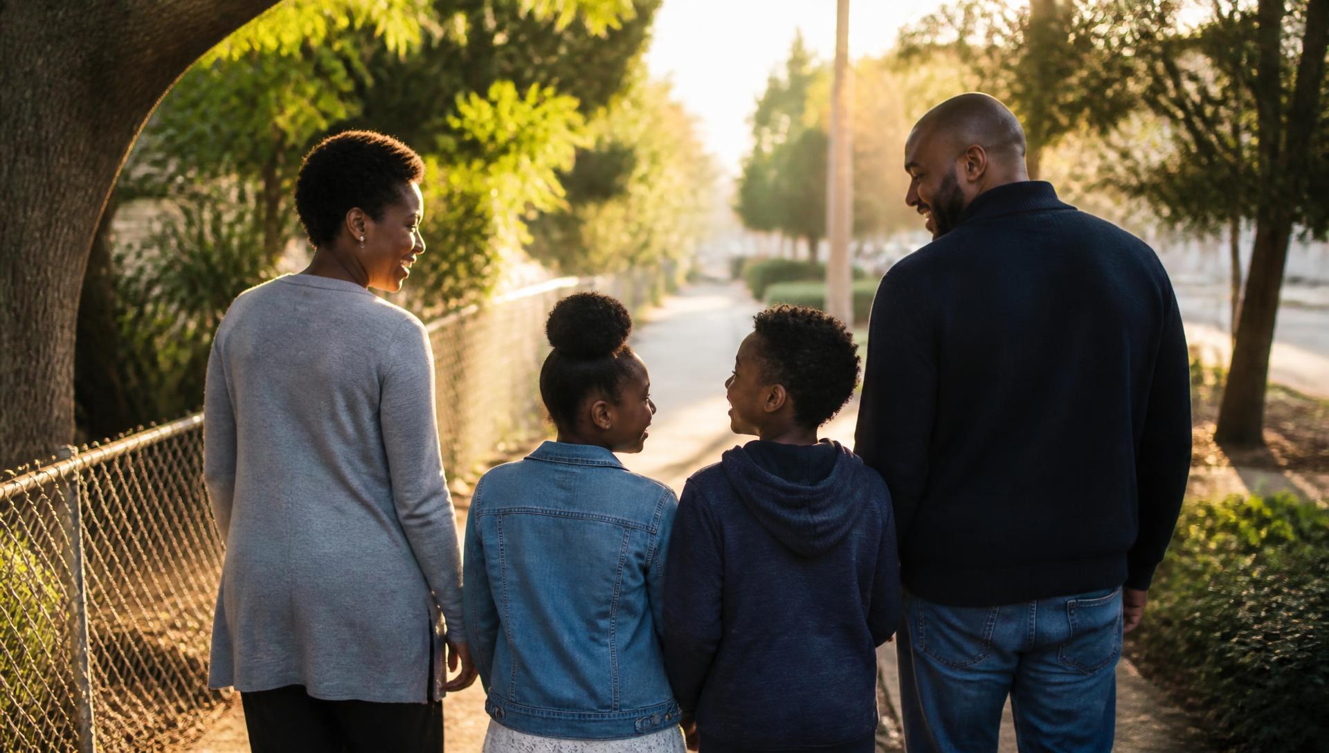 A family walking together outdoors during a Sacred 7 wellness session