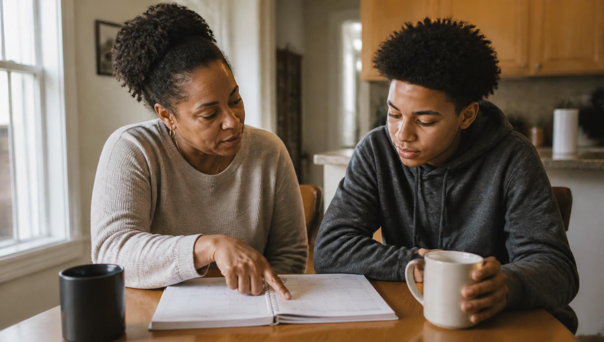 A Black mother and her teenage son planning the week together at their kitchen table