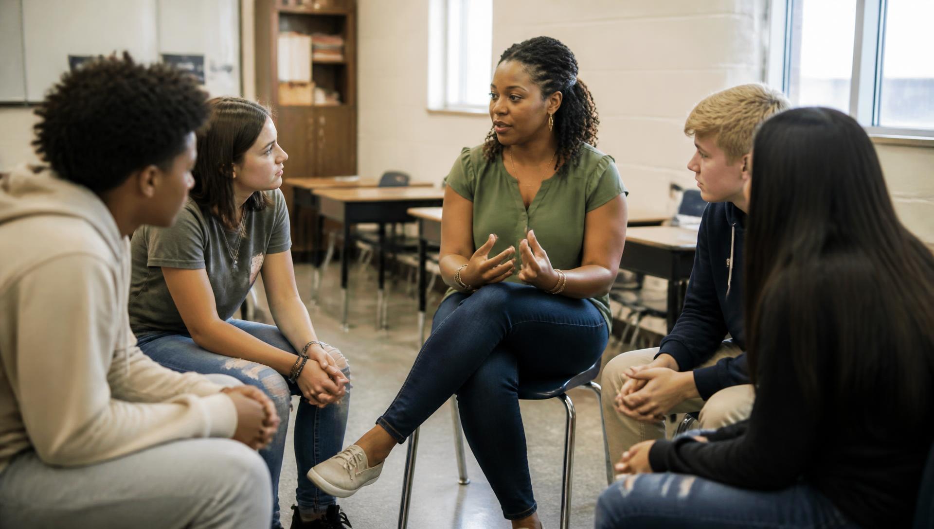 A school counselor leading a small-group session with Black high-school students