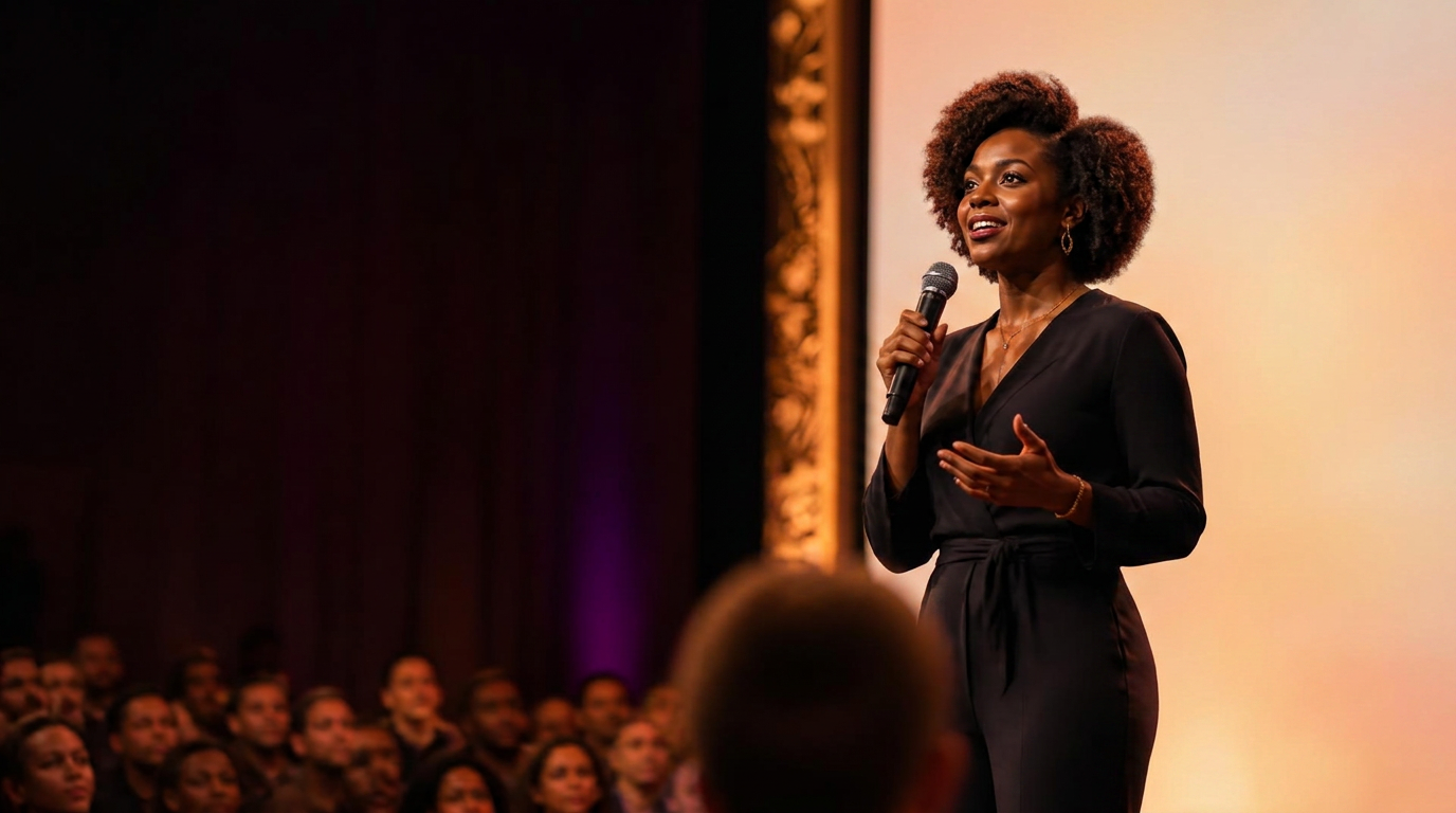 A speaker addressing an engaged audience from a warmly lit stage