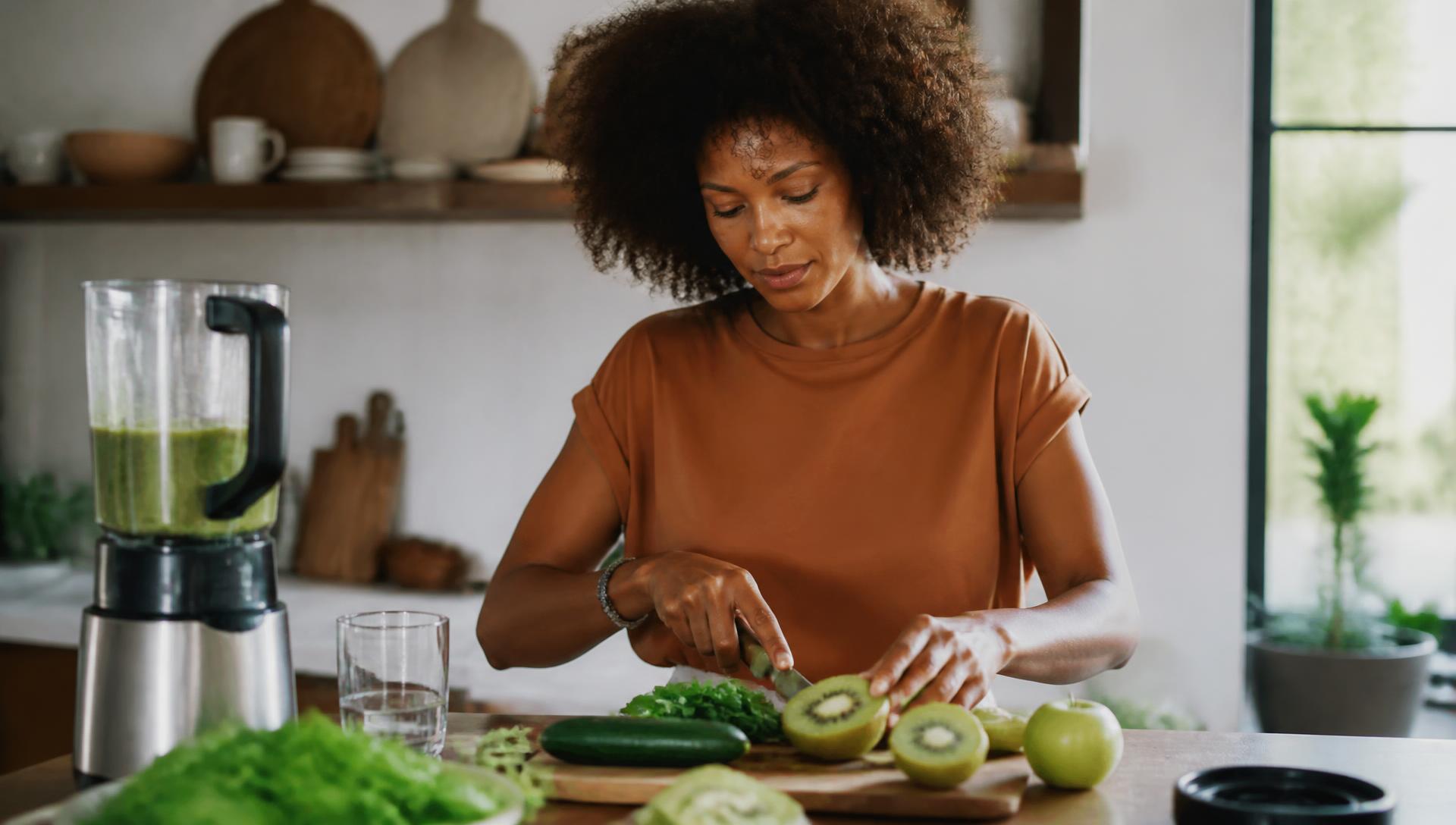 A family preparing a colorful healthy meal together in a bright kitchen