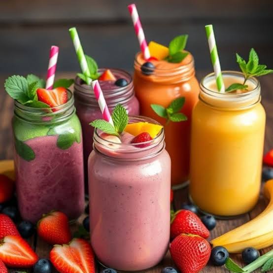 Colorful Sacred 7 smoothie purees arranged on a kitchen counter